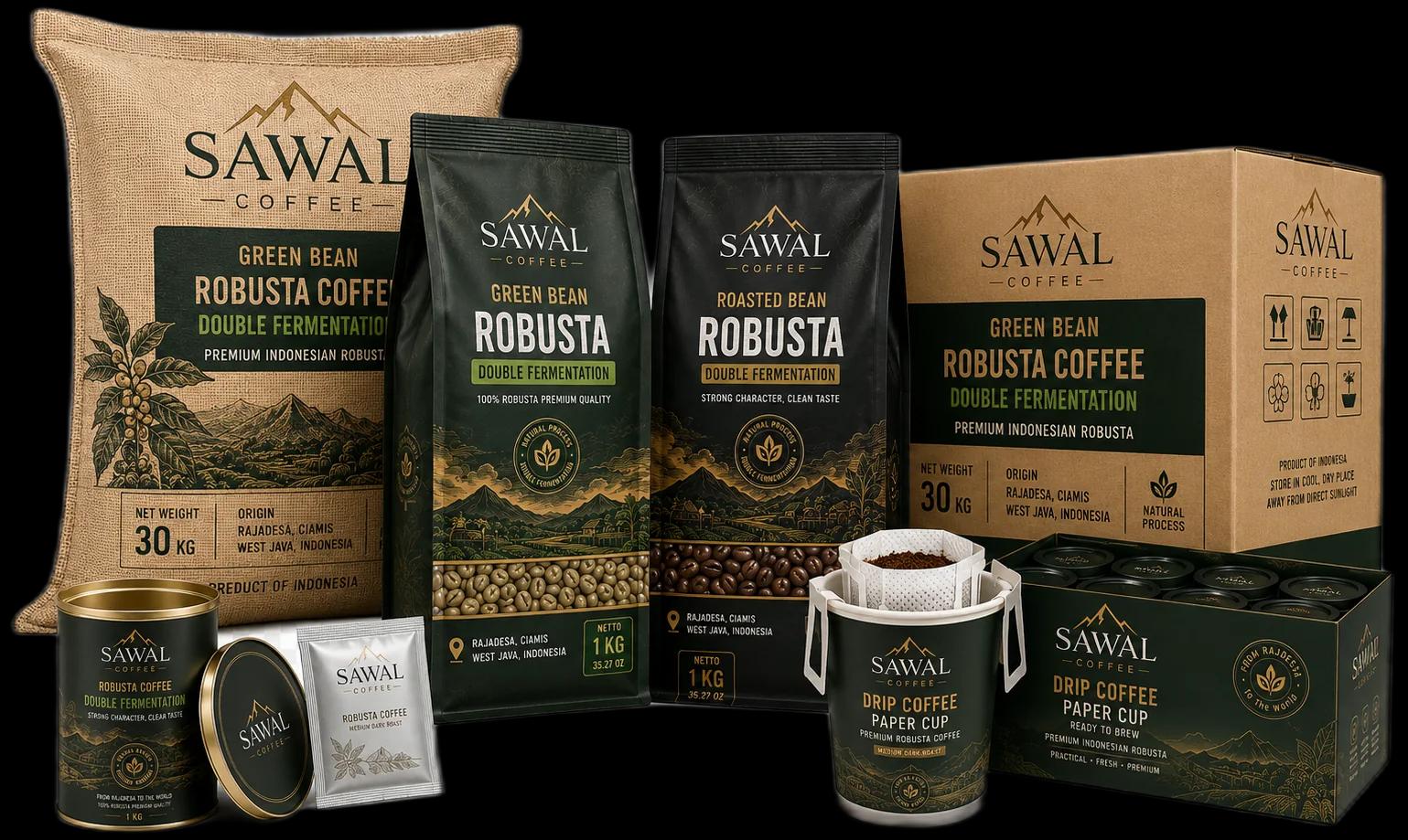 Rangkaian produk Sawal Coffee: green bean, roasted bean, souvenir tin, drip coffee, dan kemasan ekspor 30 KG