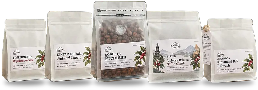 Sawal Coffee Roasted Bean Collection 2026: Fine Robusta Rajadesa Natural, Kintamani Bali Natural Classic, Robusta Premium, Arabica & Robusta Blend Bali × Galuh, Arabica Kintamani Bali Pulwash
