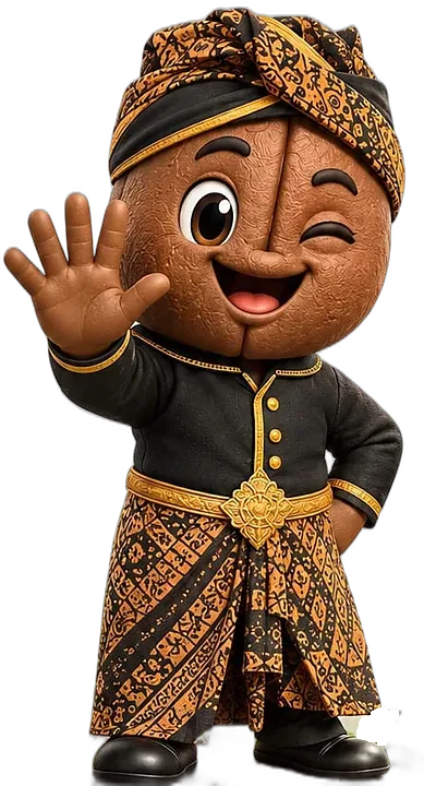 Maskot Sawal Coffee — biji kopi berbusana batik Sunda yang melambaikan tangan